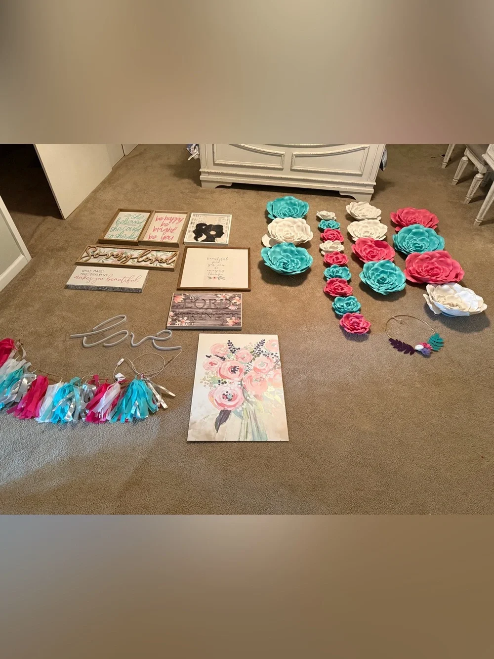 Hobby Lobby Pink Teal and White Floral Wall Decor Set.